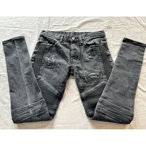 MNML M14 Biker Denim Jeans Washed Black Distressed Moto Slim Fit Mens 31